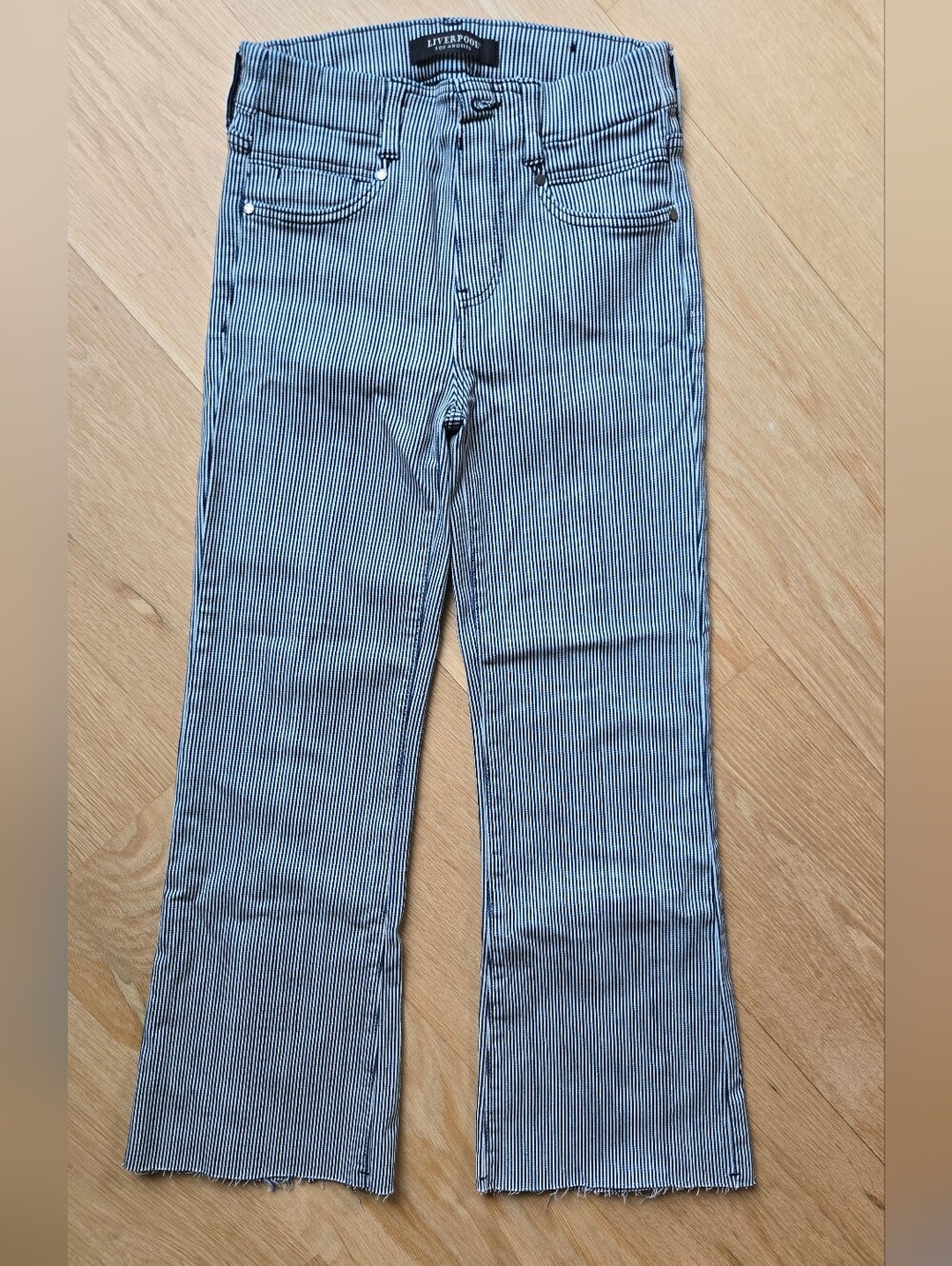 Liverpool Blue & White Pinstripe Cropped Flare Denim Pants